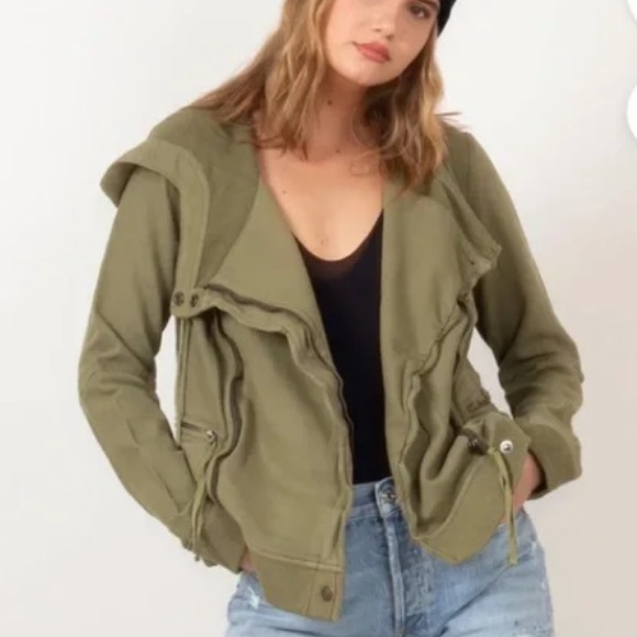 Free People Carmen Cotton Moto Jacket Hooded Green NWT Size Small - Picture 8 of 14